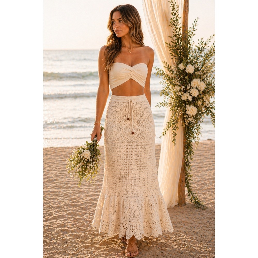 Lucky & Coco Womens Cream Cotton Crochet Maxi Skirt Small Boho Lined Drawstring